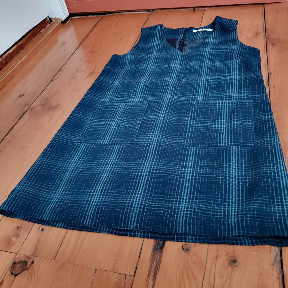 TWIK Plaid Pinafore Dress Navy Blue Teal Academia Layering Jumper Dress Small - Picture 3 of 14